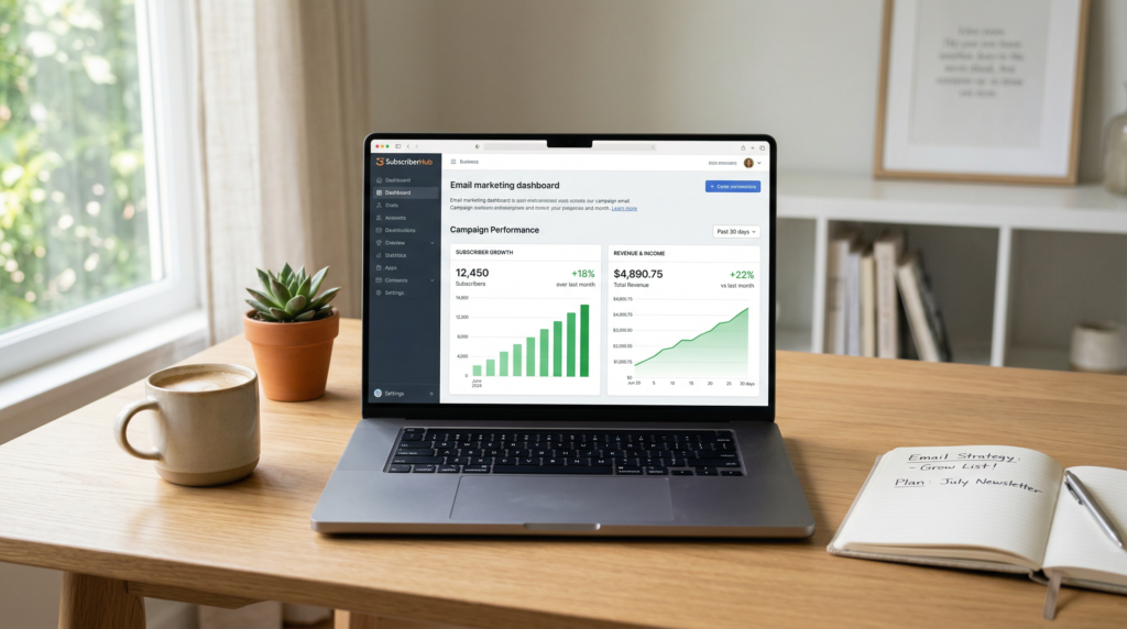 Laptop displaying email marketing dashboard with growing subscriber list and increasing income graph