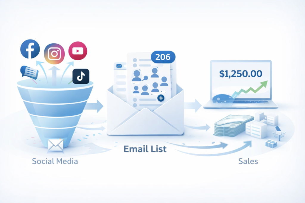 Visual email marketing funnel showing traffic from social media and website converting into email subscribers and sales