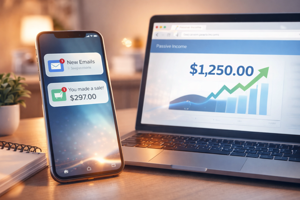 Smartphone showing email notifications and sales alerts next to laptop displaying passive income earnings dashboard