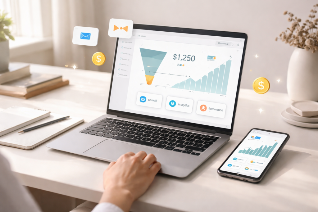 Beginner building an online income system on a laptop with funnel dashboard, email notifications, and growth analytics on a clean minimalist desk