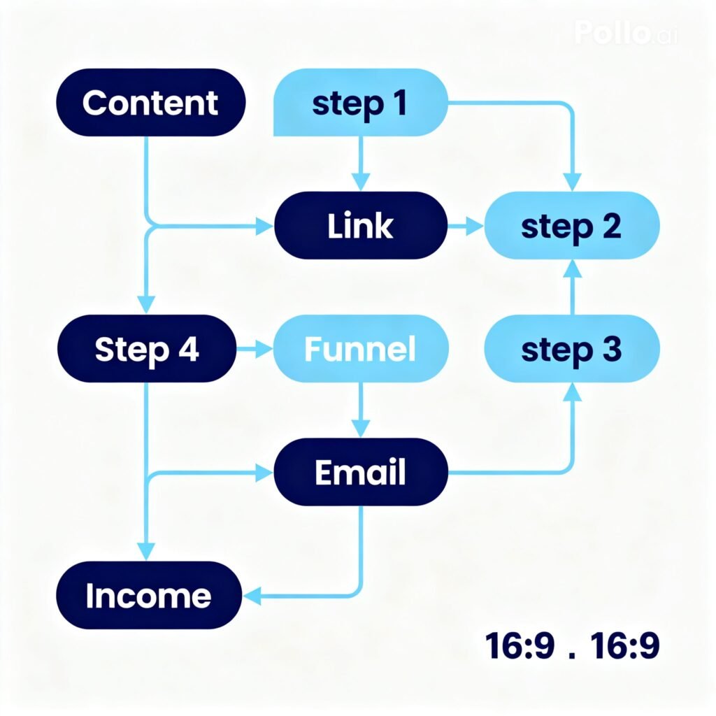 flow diagram showing steps content link funnel email and income in a simple online income system