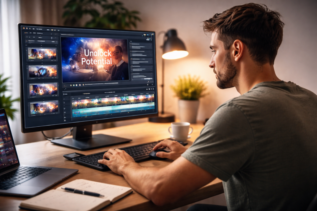 invideo ai for beginners creating video content on computer workstation