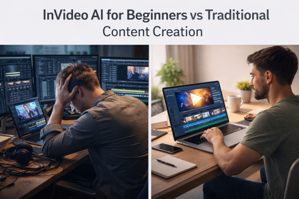 invideo ai for beginners vs traditional content creation workflow comparison