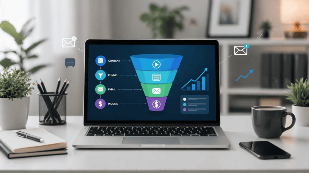 system io online income workflow funnel dashboard on laptop