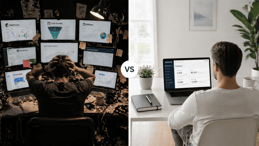 system io vs multiple tools comparison showing simple workspace vs chaotic setup