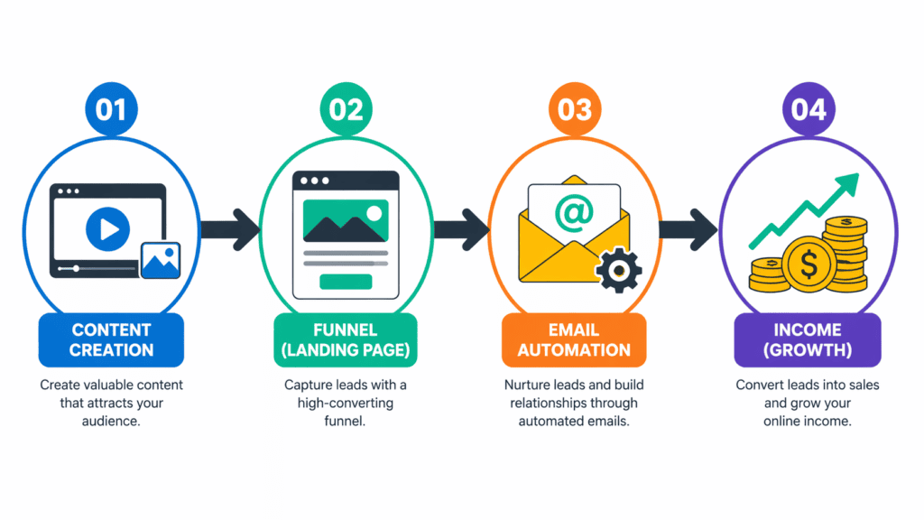 system io funnel workflow diagram showing content funnel email automation and income steps