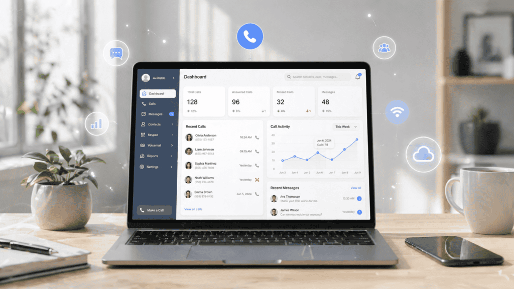 KrispCall for beginners: clean cloud phone system dashboard showing call logs messages and contacts on laptop for beginners