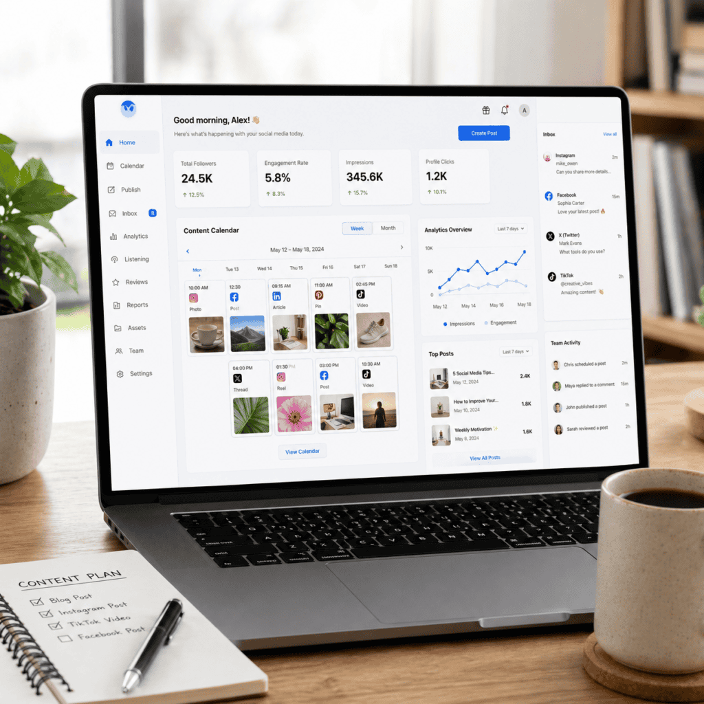 Laptop displaying a social media management dashboard with content calendar, analytics graphs and scheduled posts for beginners