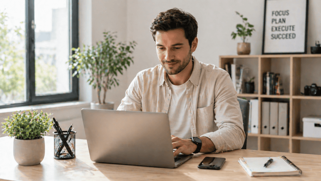 calm entrepreneur working on laptop in clean minimalist workspace with organised business setup