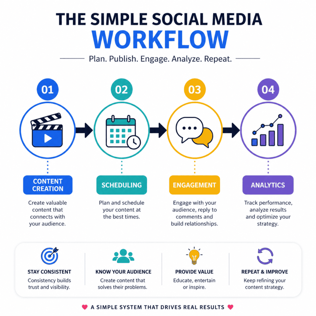 Vista social for beginners workflow showing content creation, scheduling, engagement and analytics in a simple system