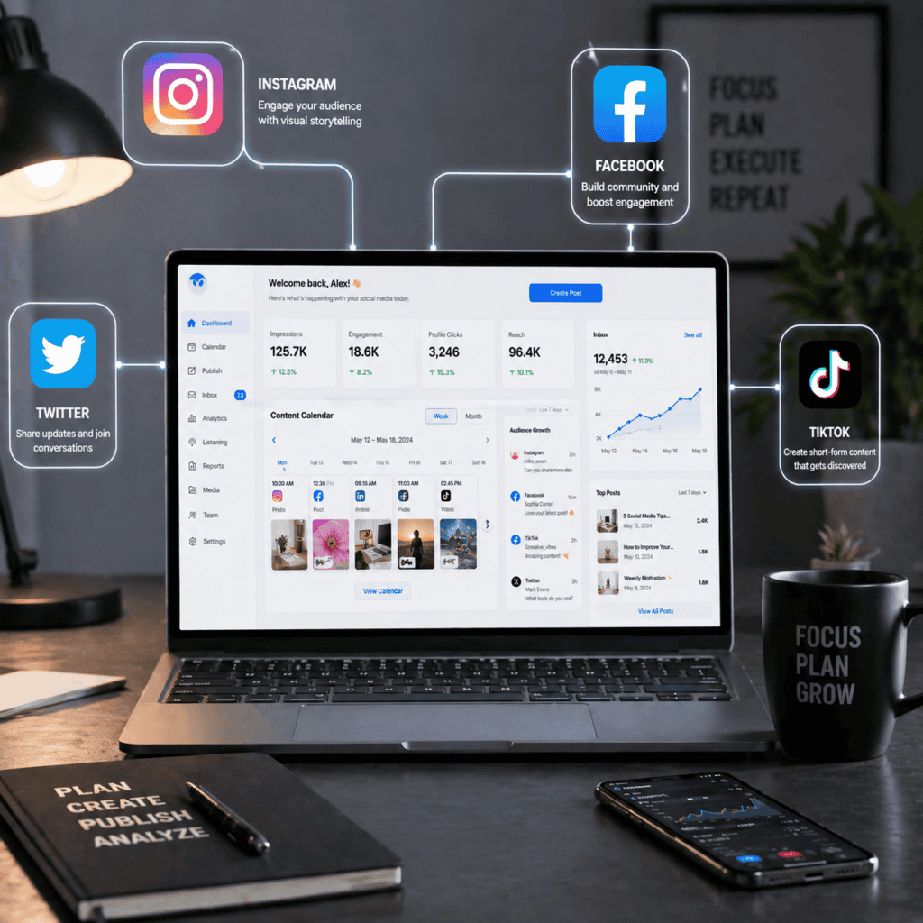 Vista social for beginners dashboard connected to multiple platforms like Instagram Facebook TikTok and Twitter in one system
