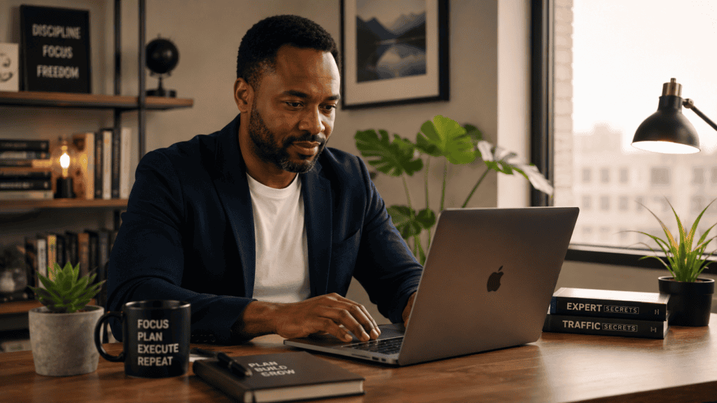 Focused entrepreneur building online income with clarity and consistency
