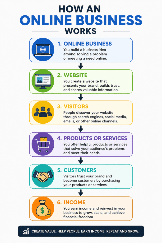 Infographic showing how an online business works from website creation to visitors, customers and income generation
