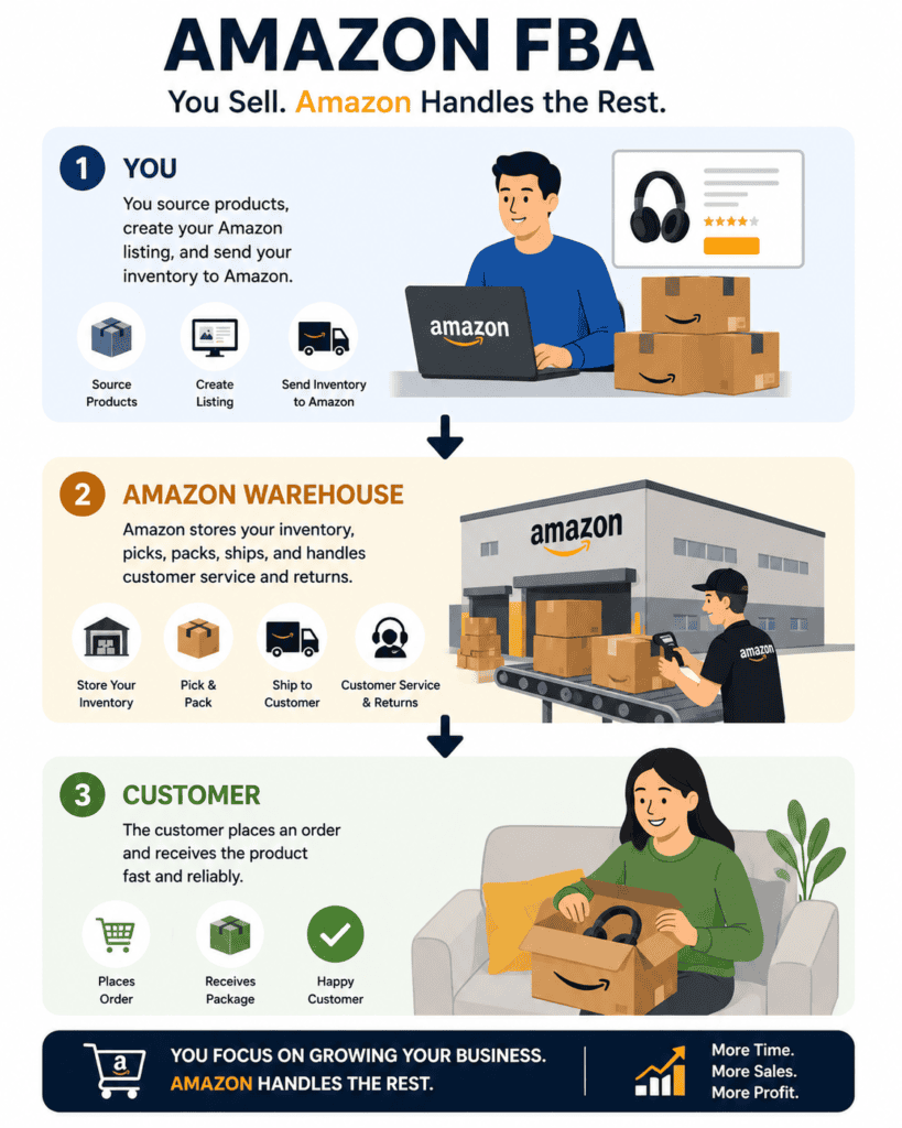 Infographic showing the Amazon FBA process from sending inventory to an Amazon warehouse through to customer delivery