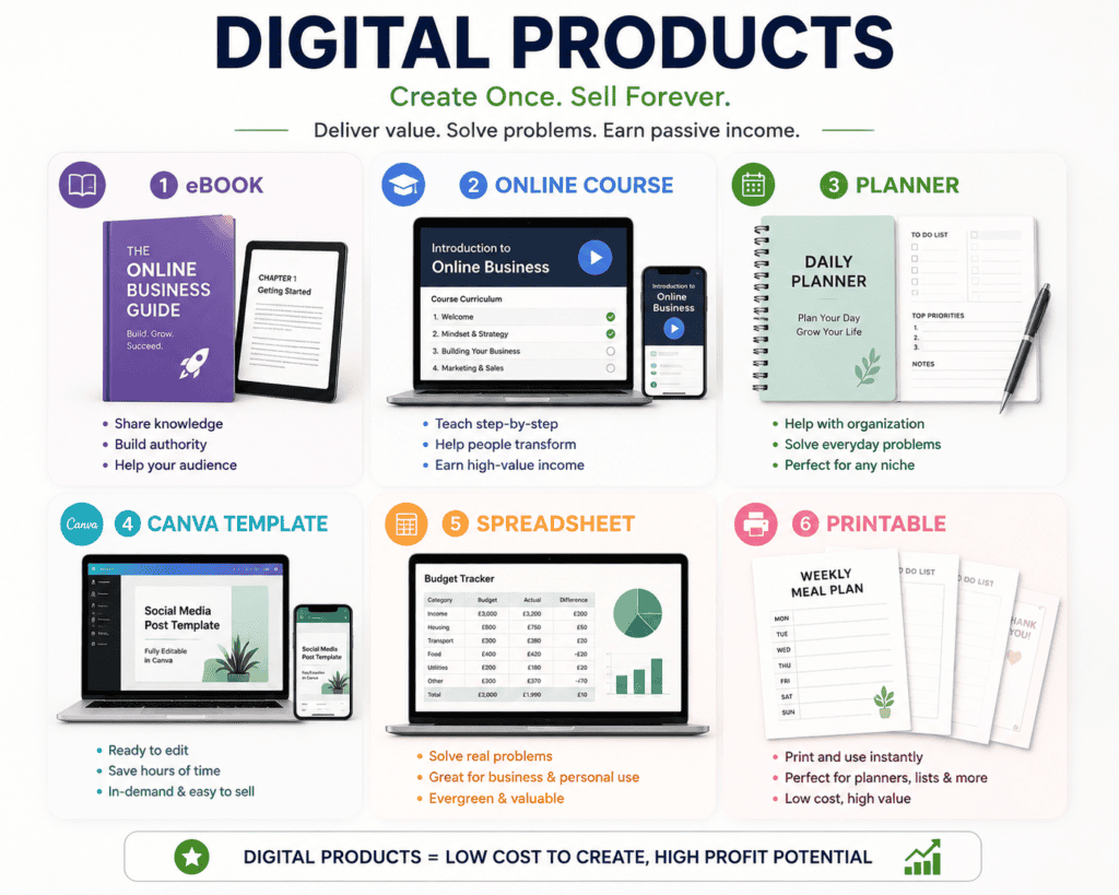 Infographic showing examples of digital products including an eBook, online course, planner, Canva template, spreadsheet and printable