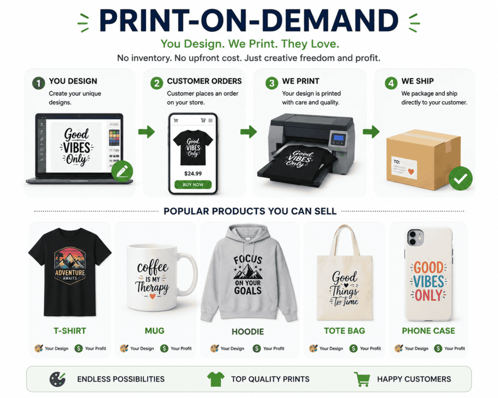 Infographic showing popular print-on-demand products including a T-shirt, mug, hoodie, tote bag and phone case
