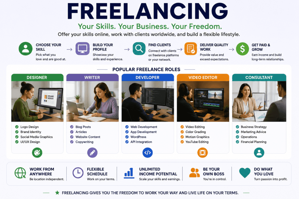 Infographic showing popular freelancing careers including designer, writer, developer, video editor and consultant
