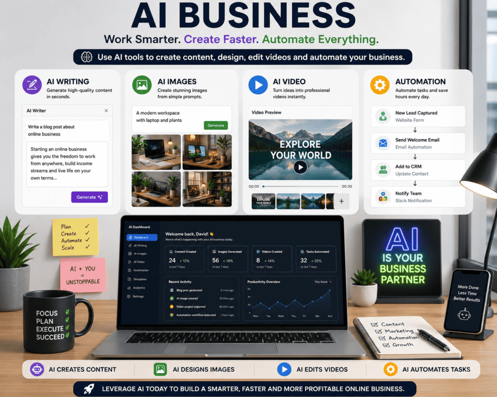 Modern AI business workspace showing AI writing, AI image generation, AI video creation and business automation tools