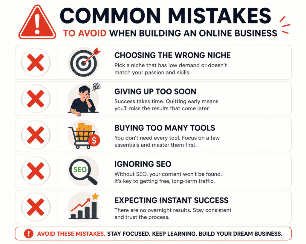 Infographic highlighting common online business mistakes including choosing the wrong niche, giving up too soon, buying too many tools, ignoring SEO and expecting instant success