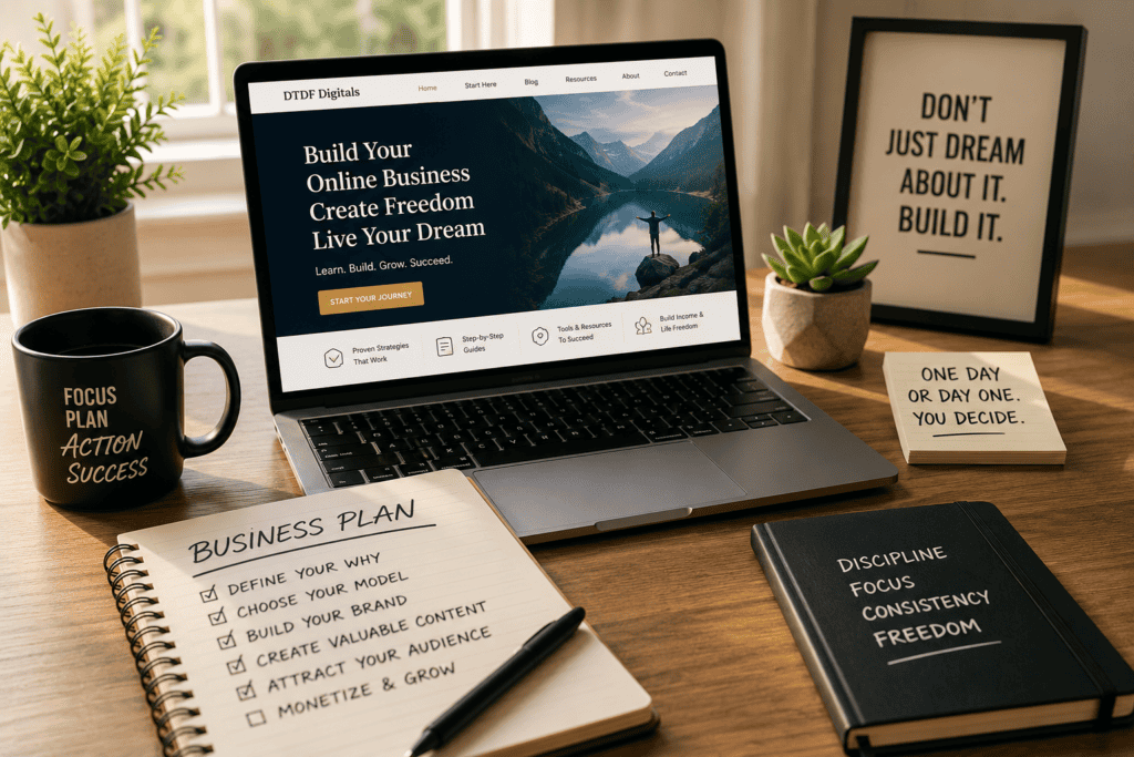 Modern home office workspace with a laptop displaying a website, notebook, coffee mug and business plan, representing the journey to building a successful online business