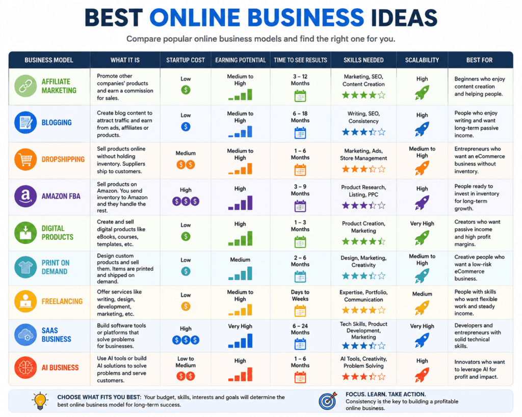 Comparison infographic showing popular online business models including affiliate marketing, blogging, dropshipping, Amazon FBA, digital products, print on demand, freelancing, SaaS and AI businesses