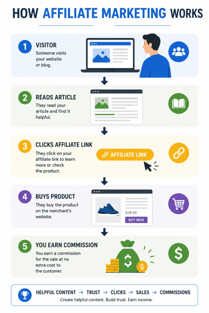 Infographic showing the affiliate marketing process from visitor reading an article to clicking an affiliate link, buying a product and earning a commission