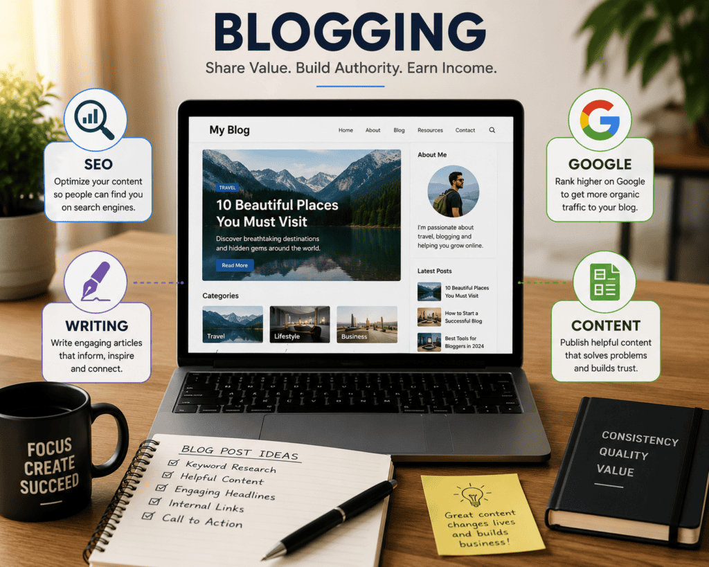 Laptop displaying a blog website with SEO, Google, content creation and writing concepts for building an online business