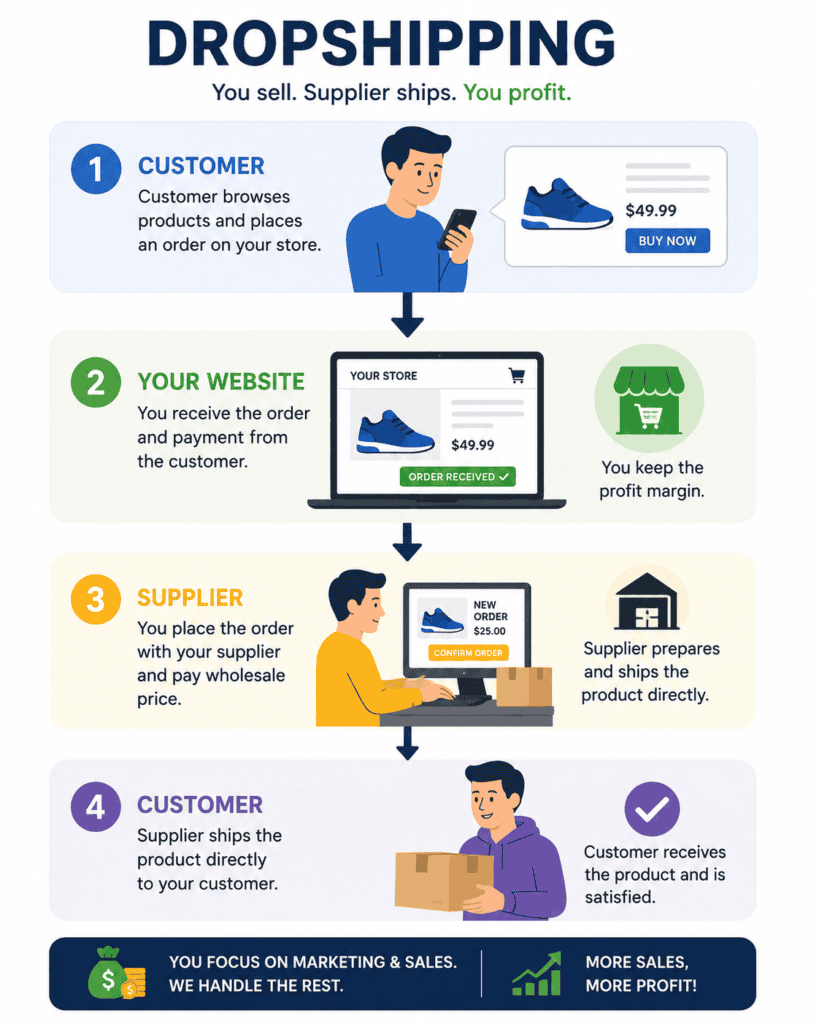 Infographic showing the dropshipping process from customer placing an order through your website to the supplier shipping the product directly to the customer