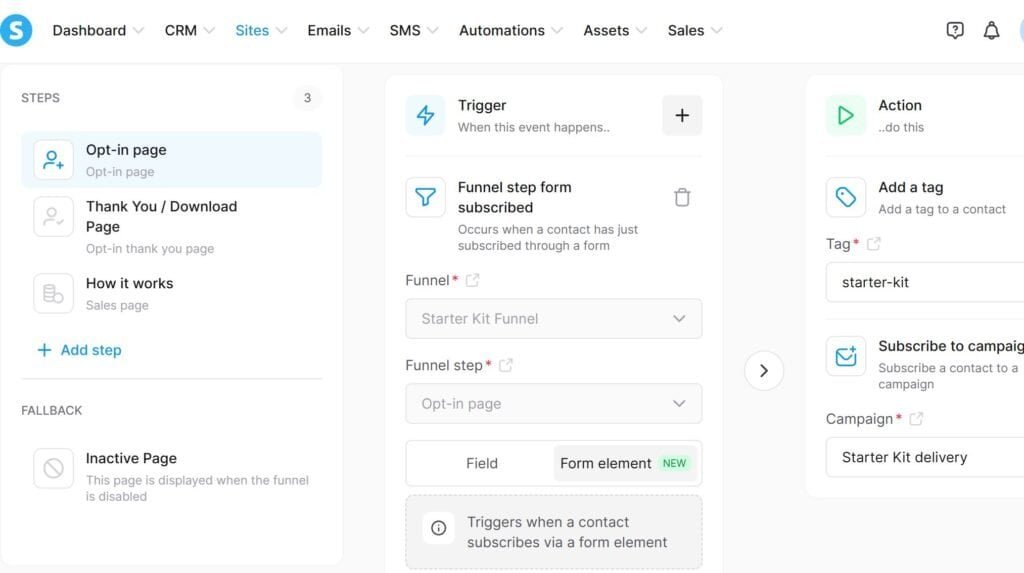 Systeme.io funnel steps and automation rule that tags new subscribers and starts the email campaign