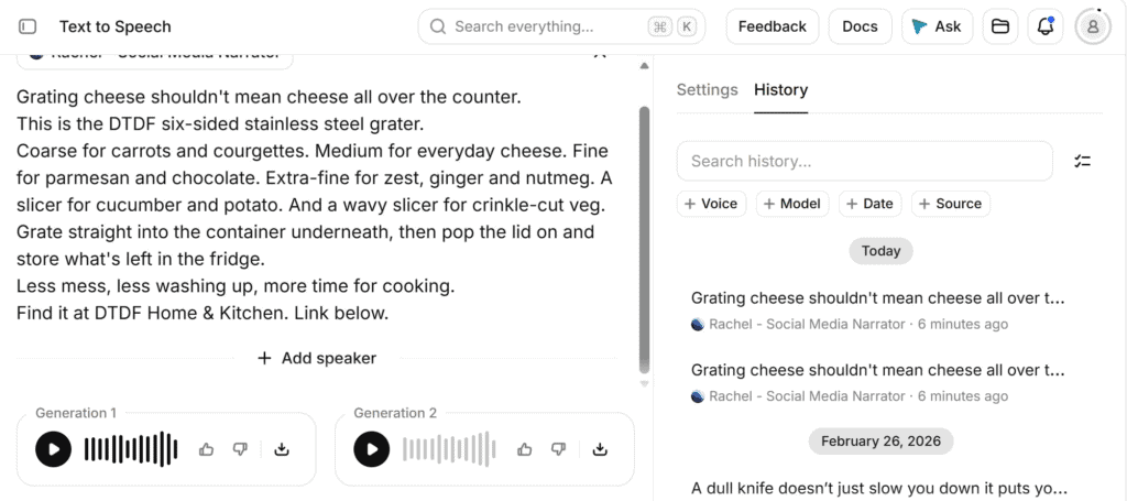 ElevenLabs Text to Speech screen showing the voiceover script for the DTDF six-sided grater