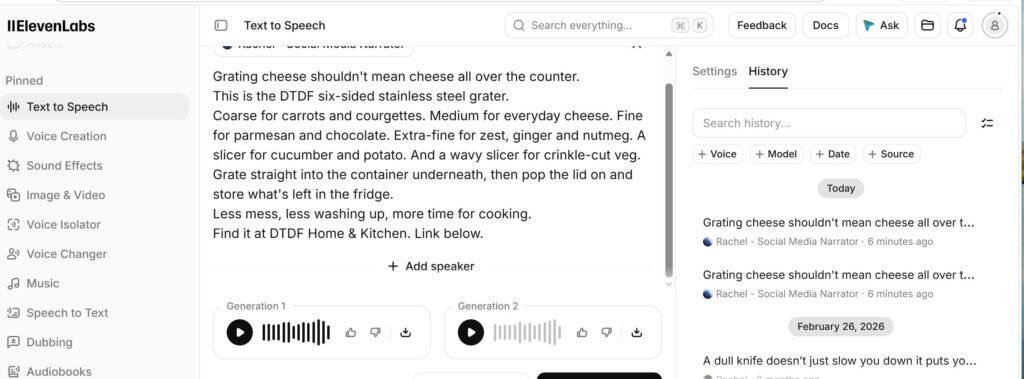 ElevenLabs Text to Speech screen with the voiceover script for an AI product video for a small business, showing two generated takes ElevenLabs