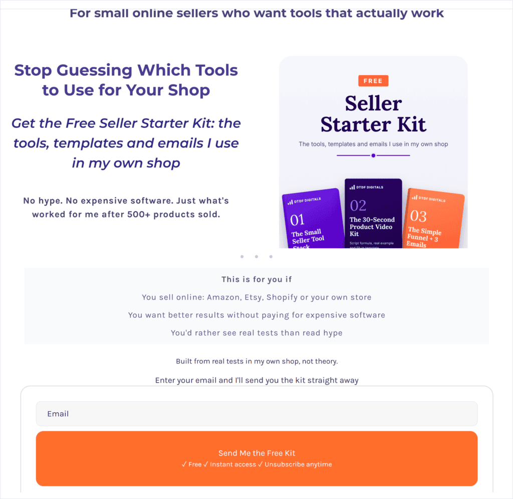 Systeme.io opt-in form for the free Seller Starter Kit