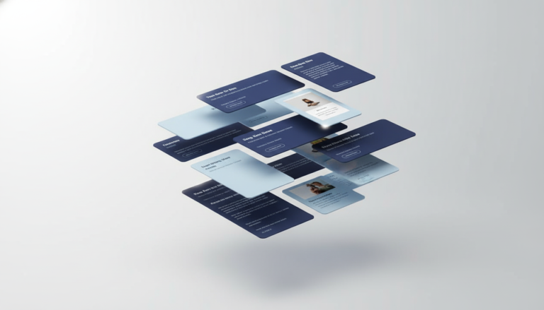 floating digital cards representing an automated online passive income system and funnel workflow