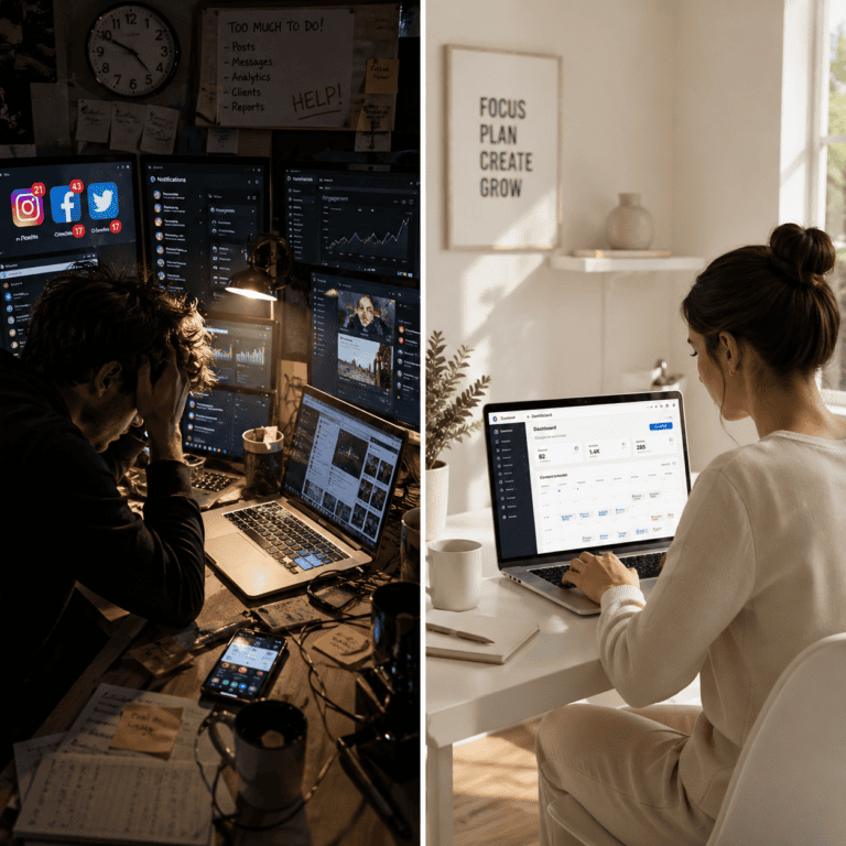 Split-screen showing overwhelmed social media management vs organised workflow using a simple dashboard for beginners