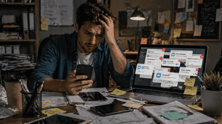 KrispCall for beginners: stressed beginner entrepreneur overwhelmed managing business calls and notifications on laptop and phone