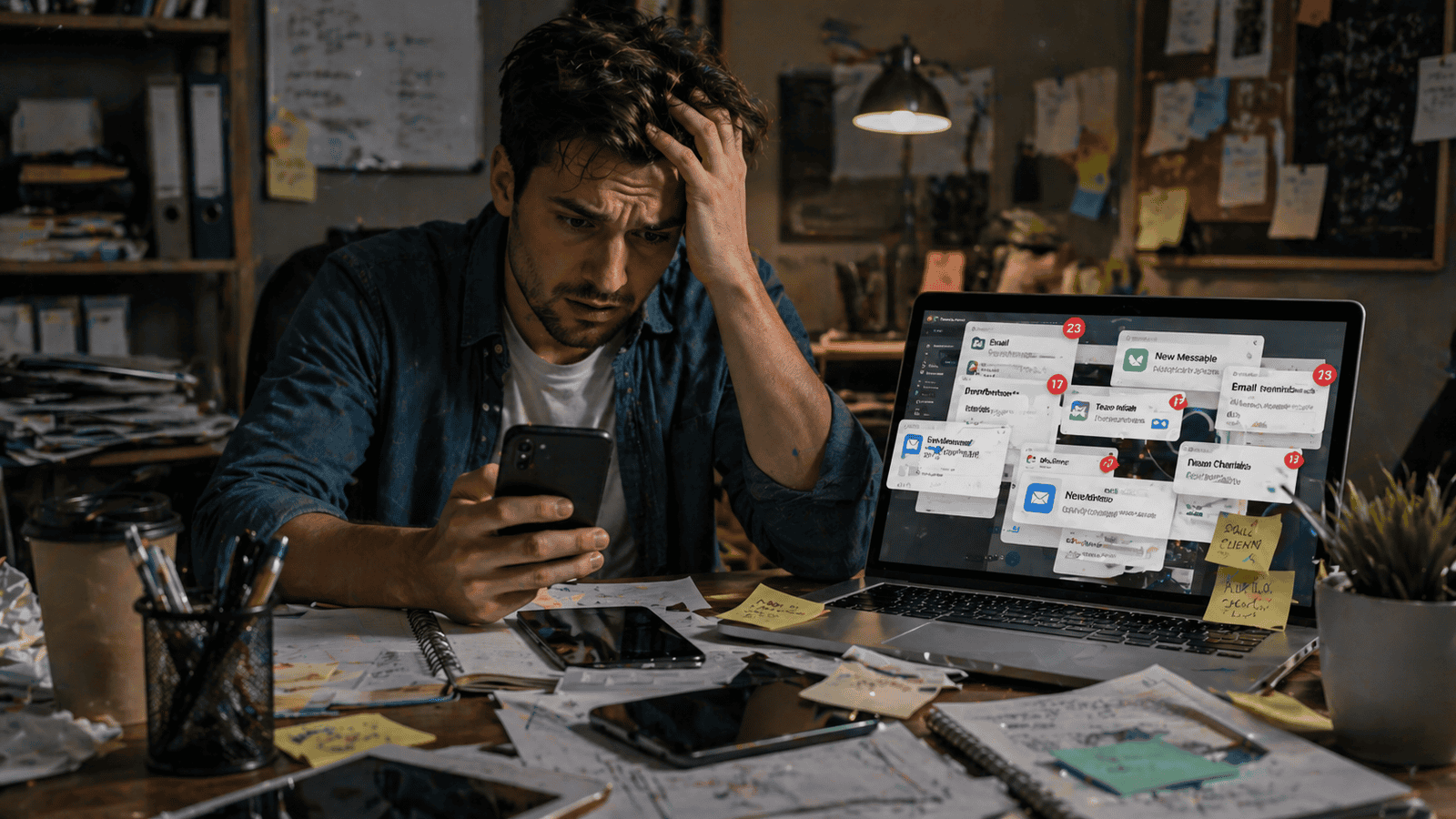 KrispCall for beginners: stressed beginner entrepreneur overwhelmed managing business calls and notifications on laptop and phone