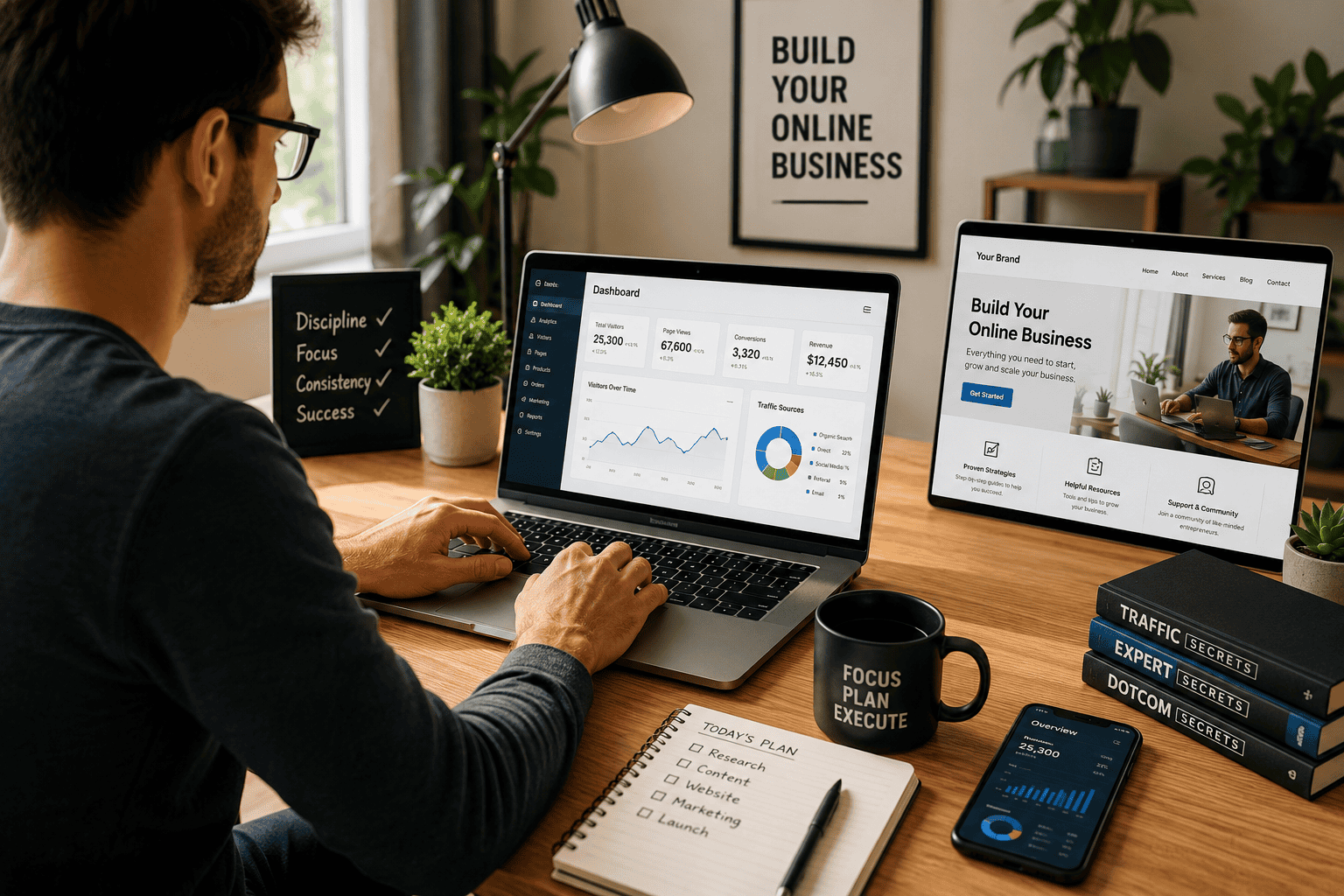 Small business owner building an online business from a modern home office using a laptop and analytics dashboard