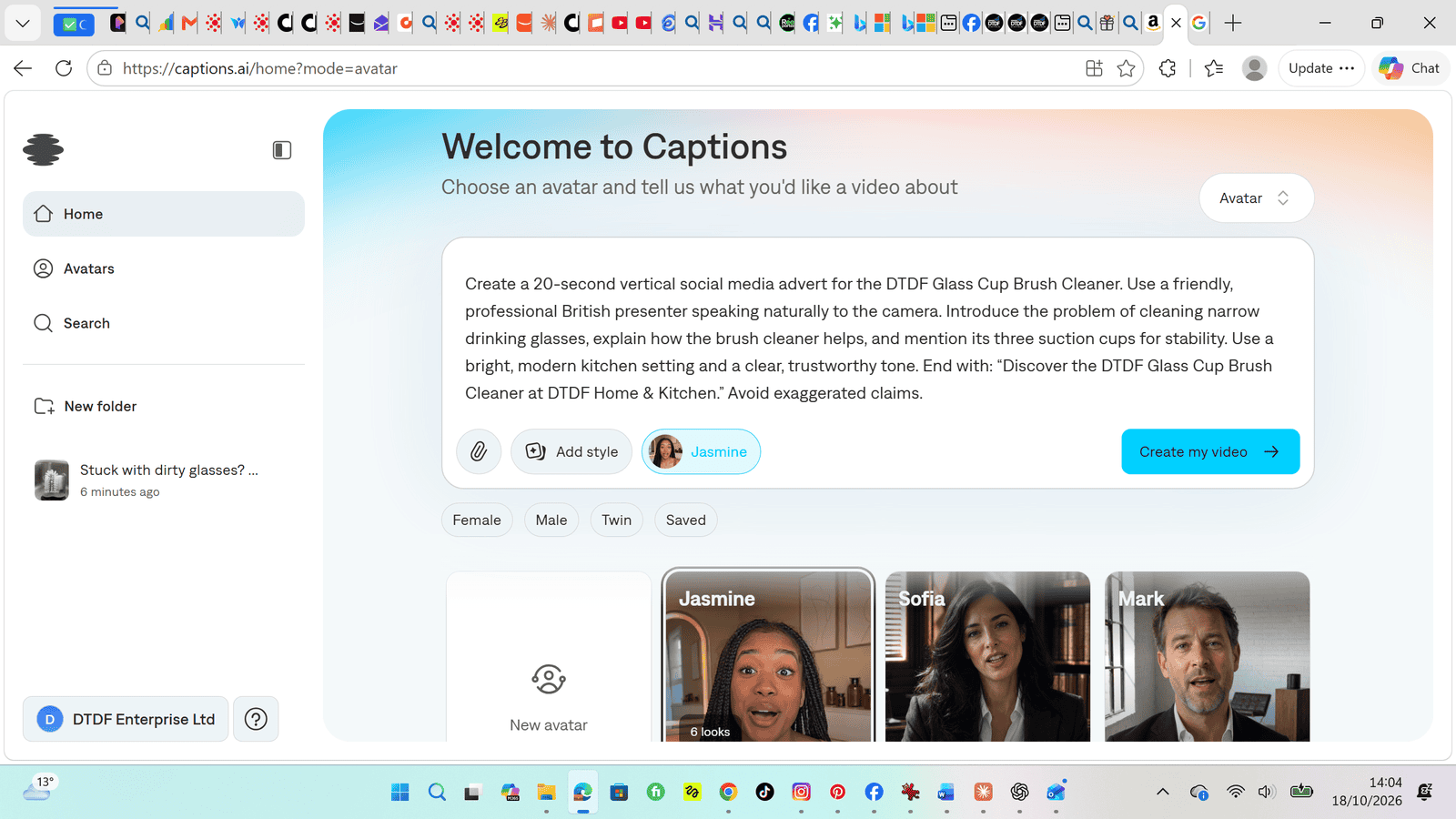 Captions AI review 2026: Jasmine avatar selected with our real product advert prompt