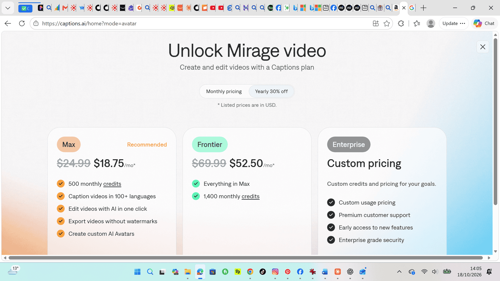 Captions AI review 2026: subscription plans shown after clicking Create my video