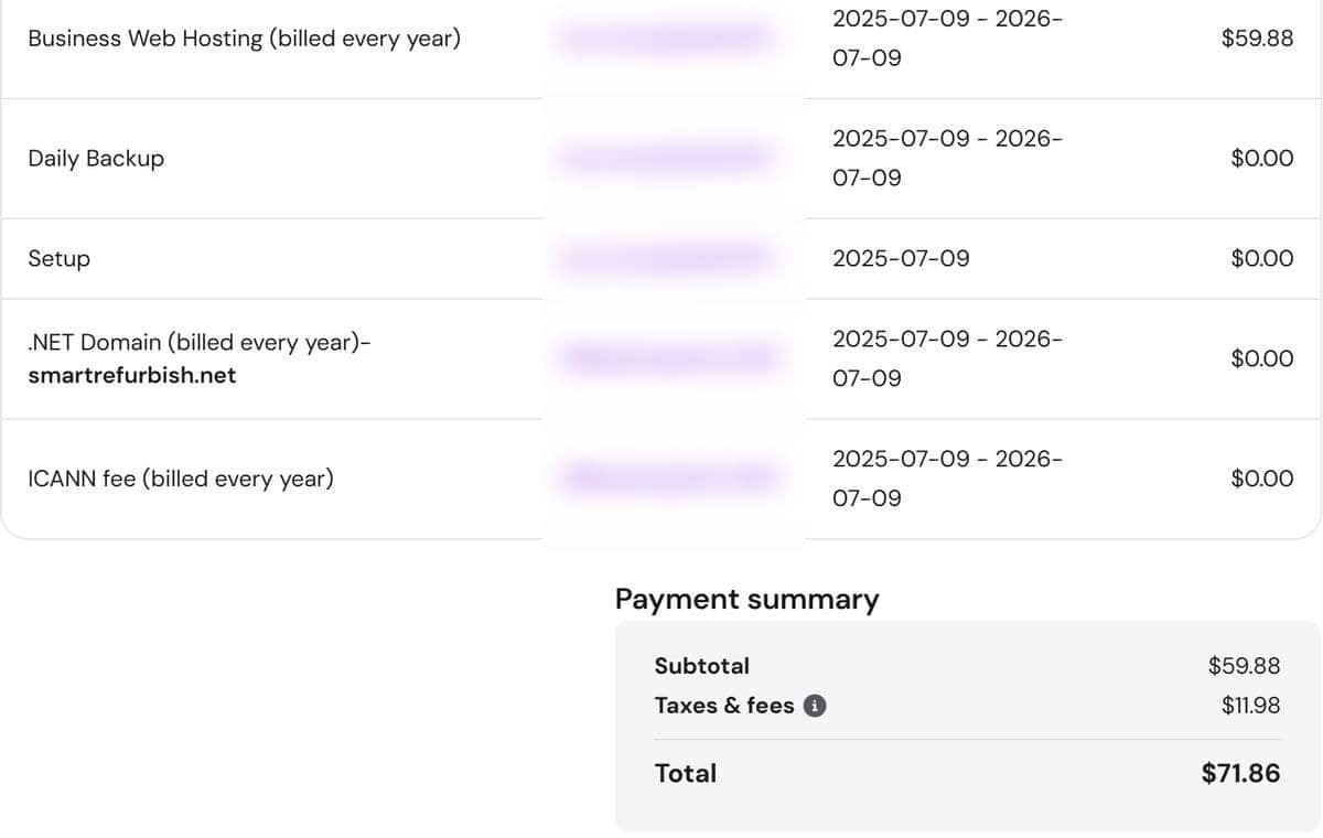 Hostinger Business Web Hosting first-year payment summary totalling $71.86