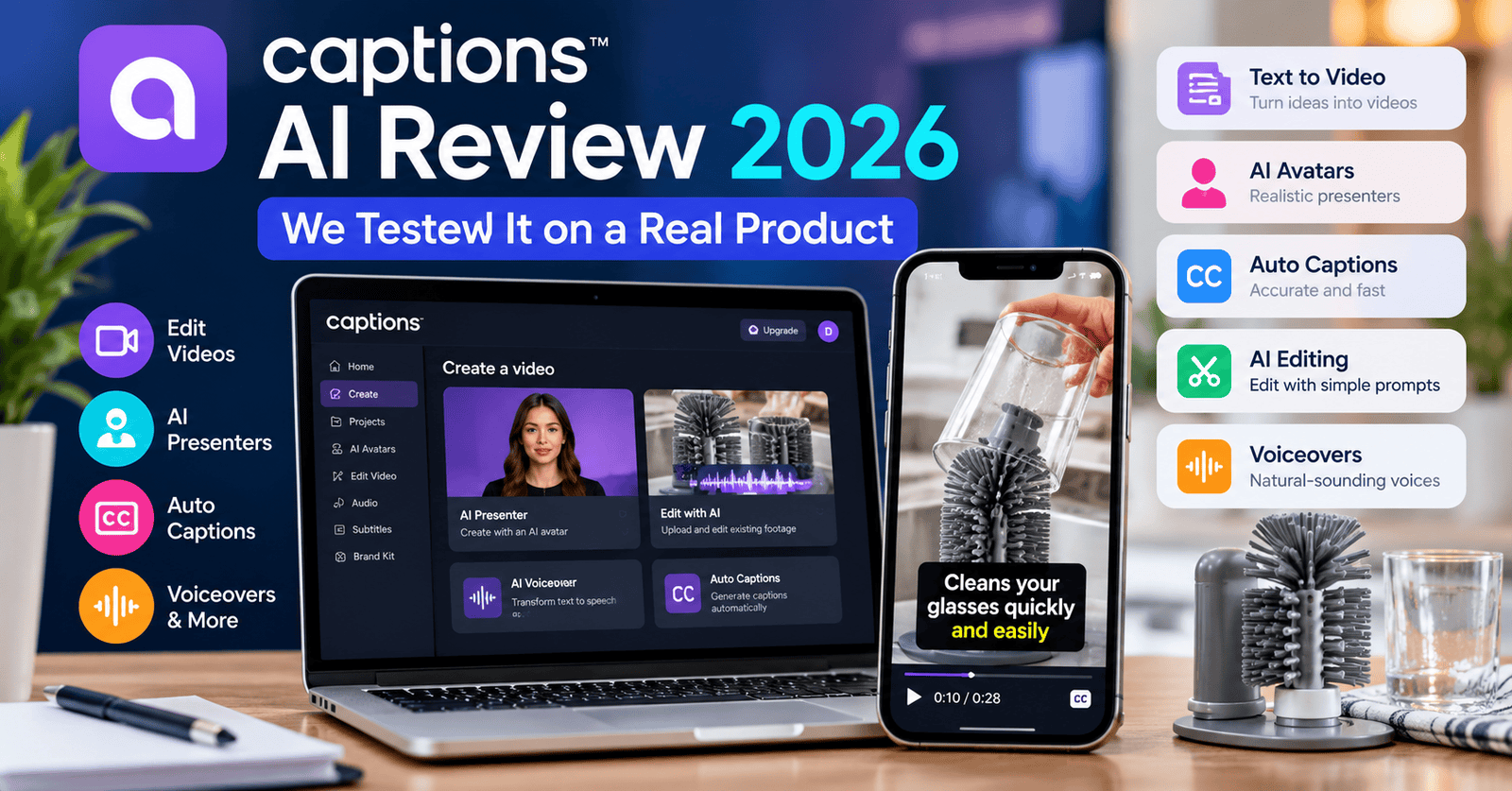 Captions AI review 2026 showing a video-editing interface and a glass cup brush cleaner product advert.