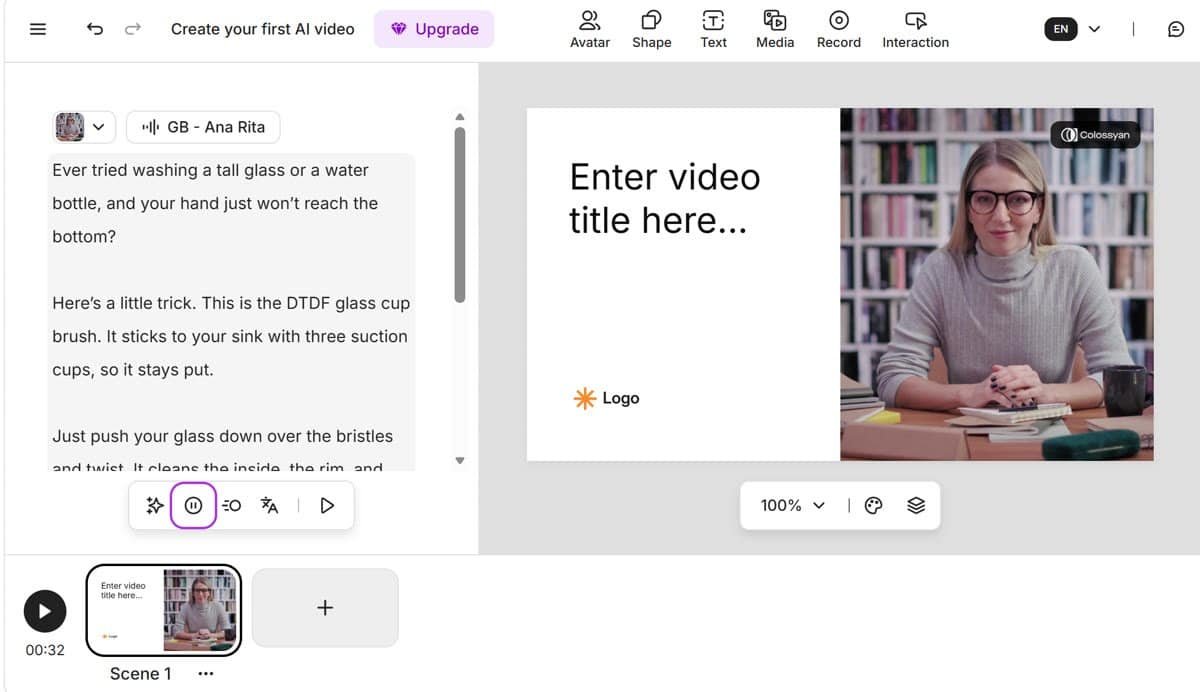 Colossyan editor with glass cup brush script and British voice