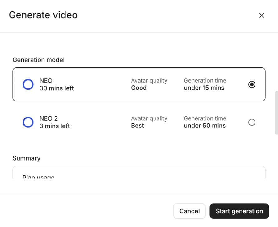 Colossyan generate video NEO vs NEO 2 model choice