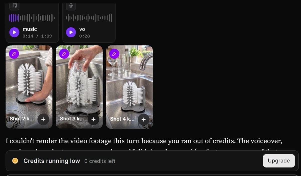 Creatify free plan out of credits after making voiceover, music and three scenes
