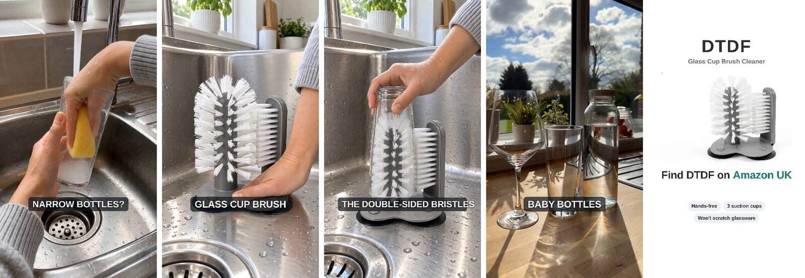 Five shots from the finished ad for the DTDF glass cup brush