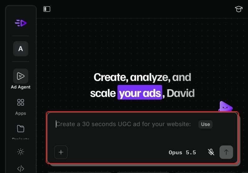 Creatify Ad Agent start screen with the message box highlighted