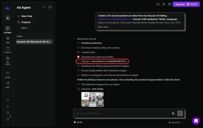 Creatify Ad Agent fetching an Amazon UK listing and extracting photos and bullet points