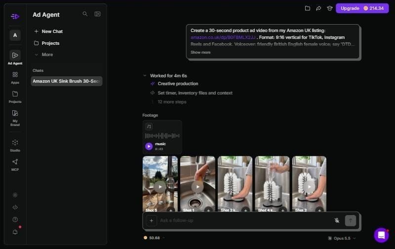 Ad Agent footage panel with music and product shots of a glass cup brush