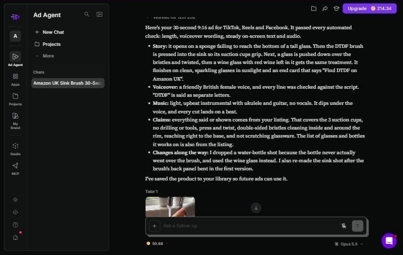 Summary of a finished 30-second product ad for a glass cup brush