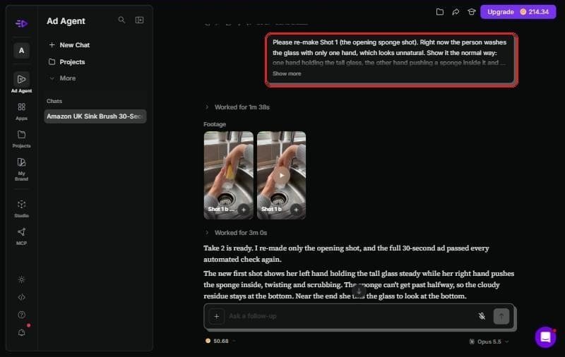 Creatify Ad Agent follow-up message asking to re-make one shot, with the new shot below